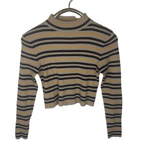 Kerisma Mockneck Cropped Tan Black Yellow‎ Striped Sweater Size S/M Modal Blend